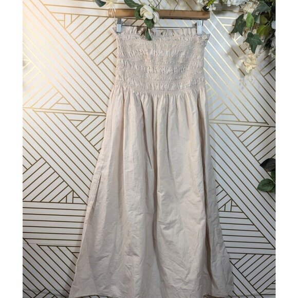 H&M Women's Beige Smocked Bandeau Dress Strapless Midi Summer Size Large - Picture 1 of 8